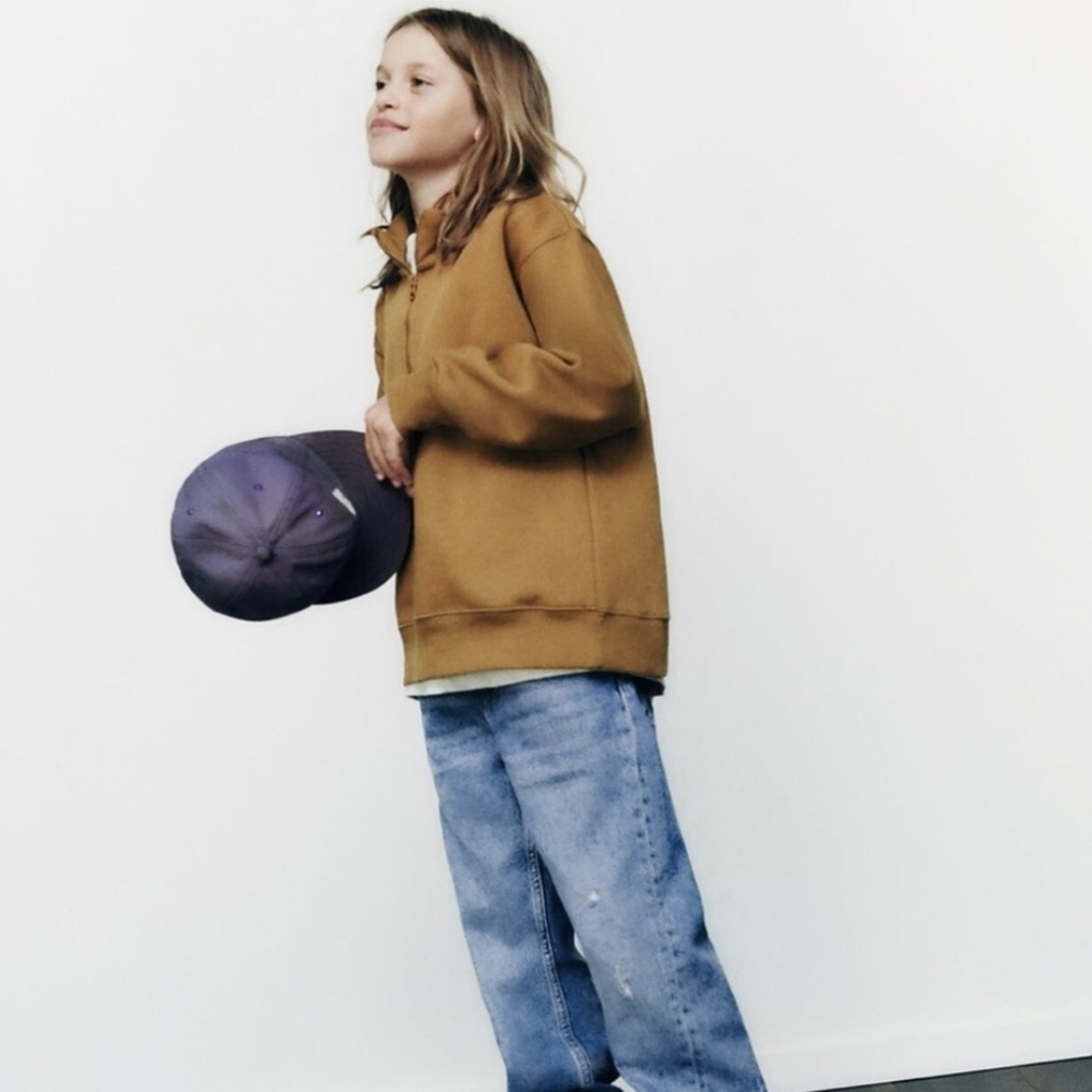 Zara Kids Ribbed Collar Quarter Zip Sweatshirt Size 13-14 Dark Golden Yellow